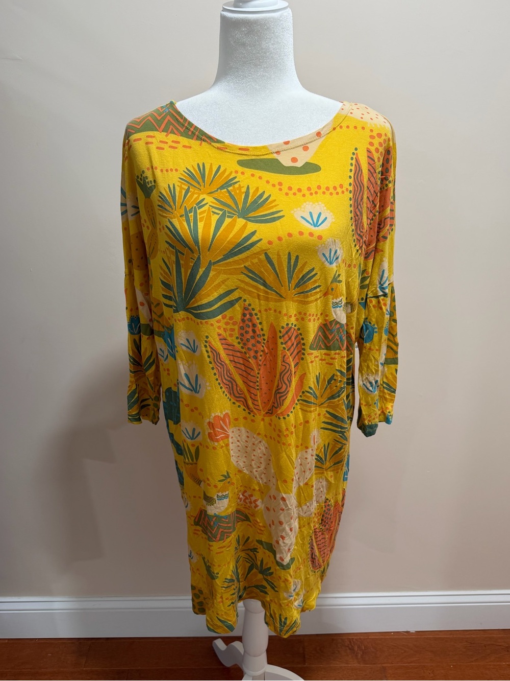 Gudrun Sjoden Yellow Birds Cactus Mallorca Modal 3/4 Sleeve Dress Sz. L